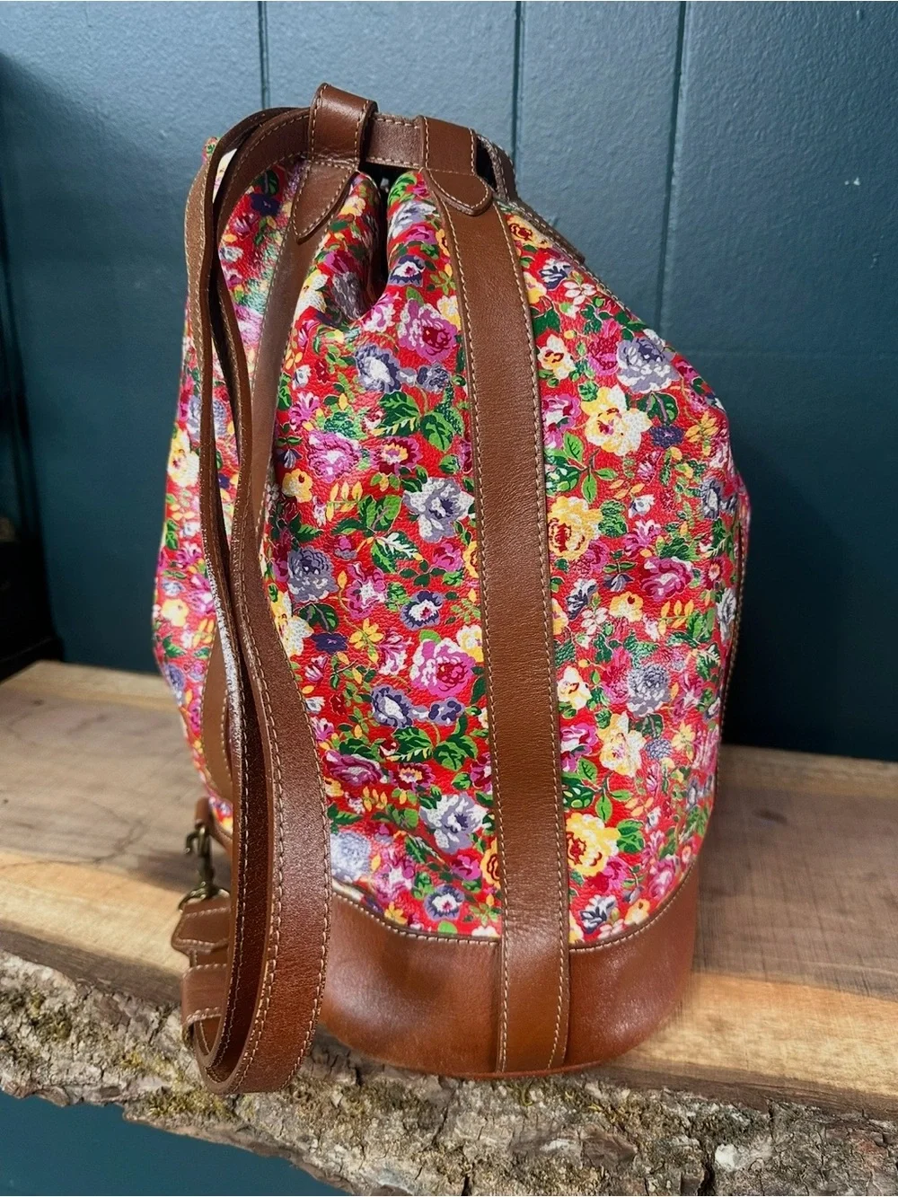 Kenzo Paris Floral Leather Backpack Vintage Drawstring Duffle Bag Tartan Lined